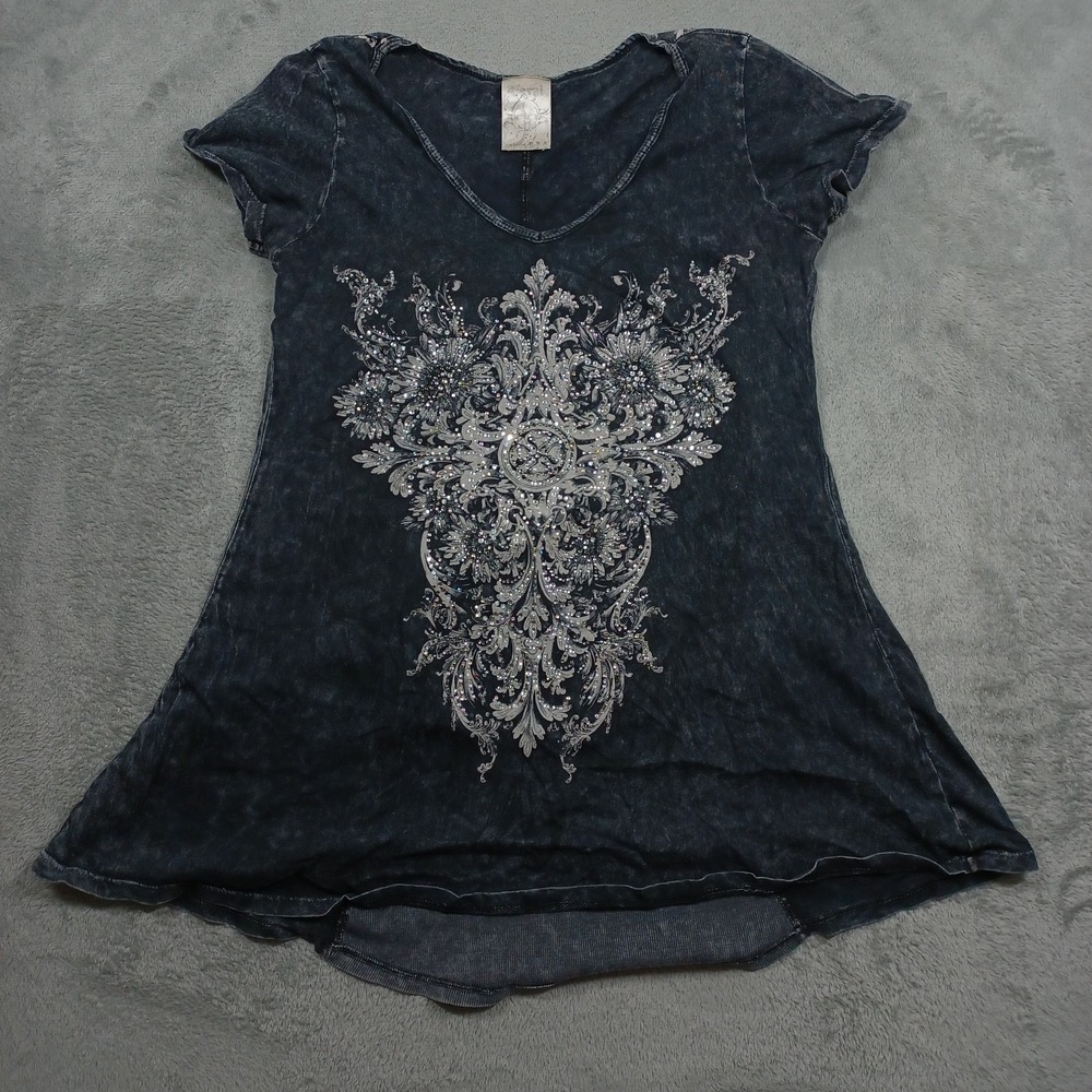 Vocal Top Womens XS Gray‎ Rhinestone Lightweight Short Sleeve Rock Punk